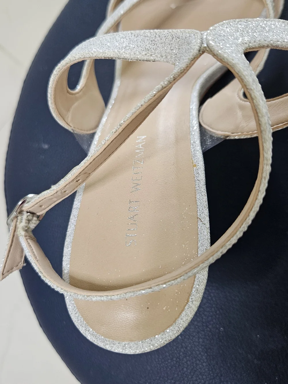 Stuart Weitzman Silver Glitter Strappy Sandals, Size 8